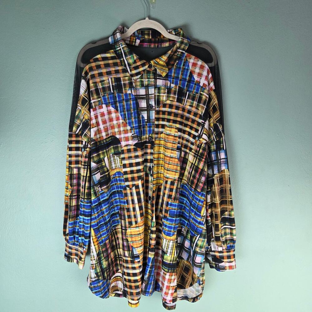 Attitudes By Renee Shirt Womens 2X Como Jersey Mesh Shoulder Printed Artsy Plaid